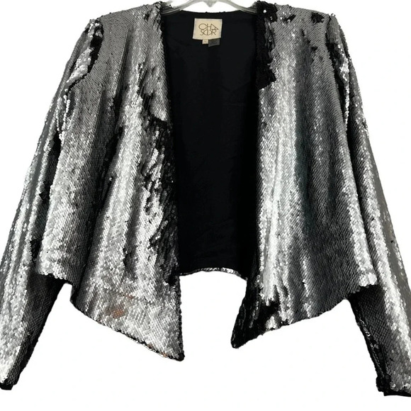 Chaser Silver Sequin Open Draped Lined Blazer Jacket Long Sleeve Size Small - Picture 1 of 8